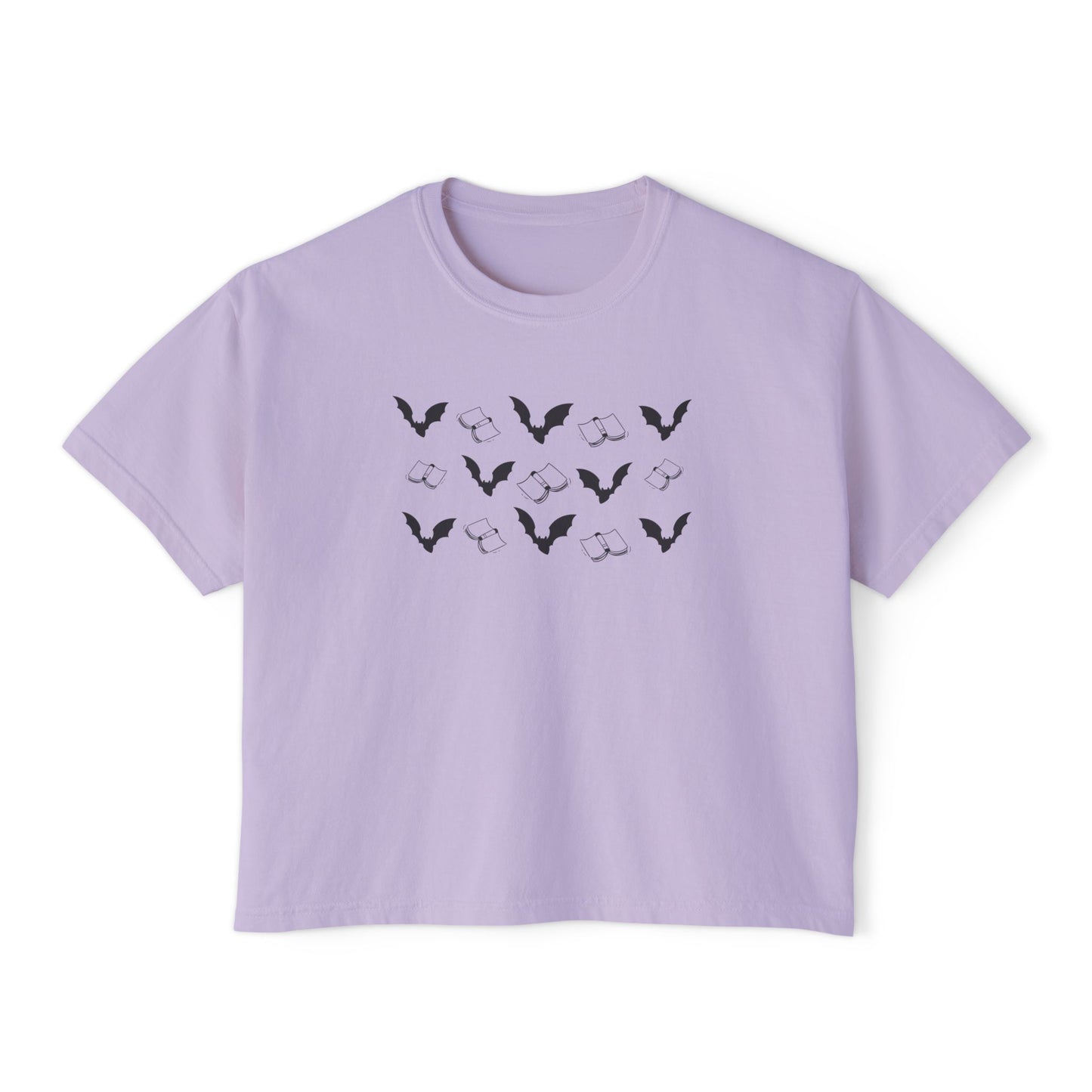 Books and Bats Spooky Season Boxy Tee, Women's Graphic Tee, Casual Summer Top, Comfortable Everyday Shirt, Nature-Inspired Women'swear