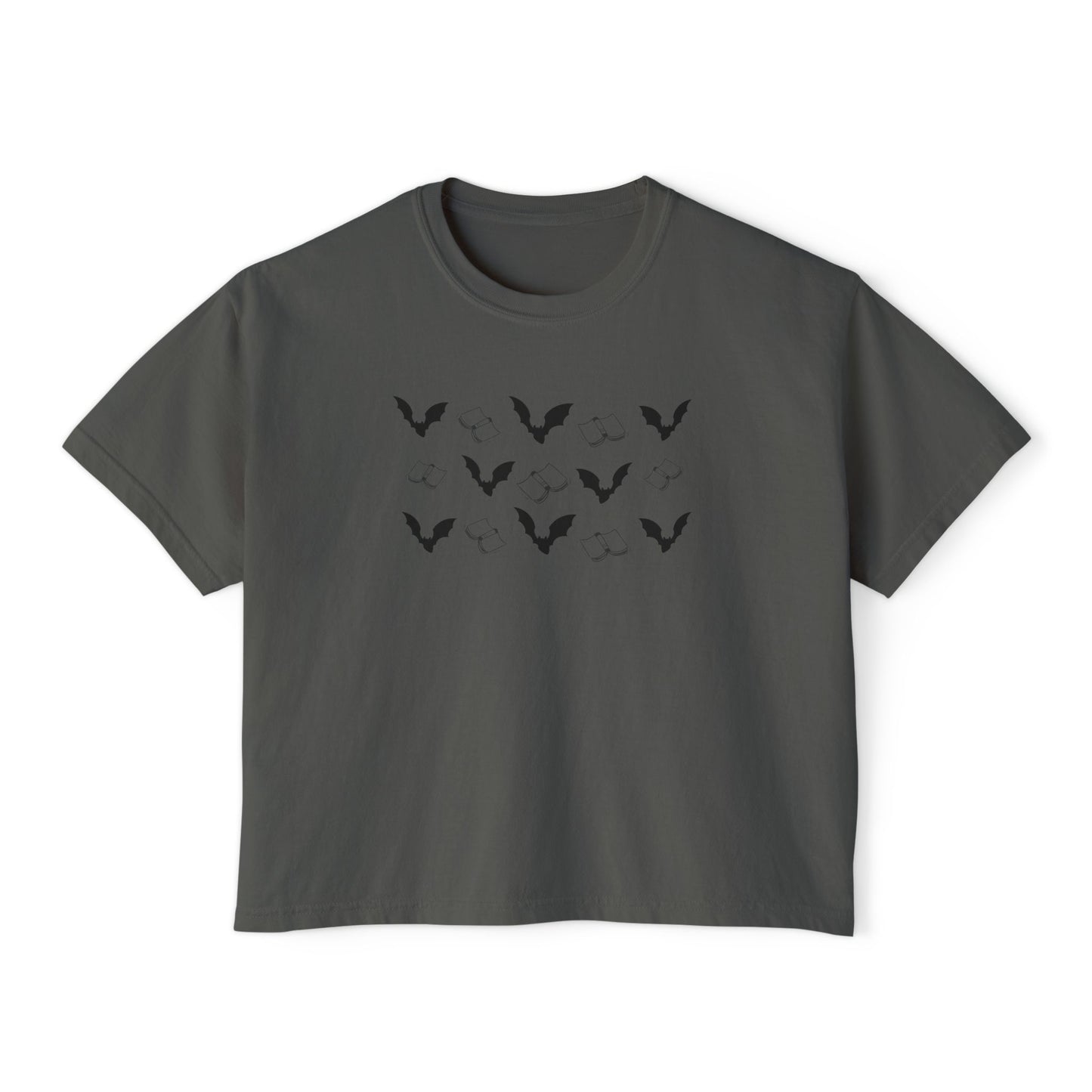 Books and Bats Spooky Season Boxy Tee, Women's Graphic Tee, Casual Summer Top, Comfortable Everyday Shirt, Nature-Inspired Women'swear