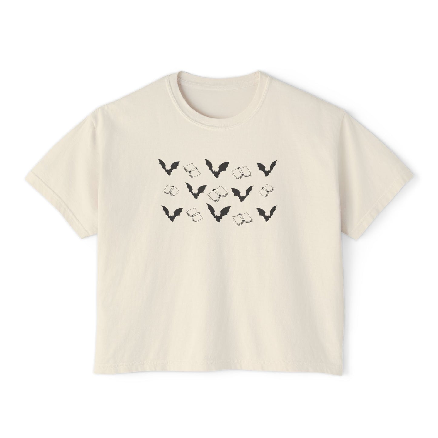 Books and Bats Spooky Season Boxy Tee, Women's Graphic Tee, Casual Summer Top, Comfortable Everyday Shirt, Nature-Inspired Women'swear
