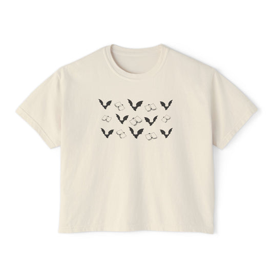 Books and Bats Spooky Season Boxy Tee, Women's Graphic Tee, Casual Summer Top, Comfortable Everyday Shirt, Nature-Inspired Women'swear