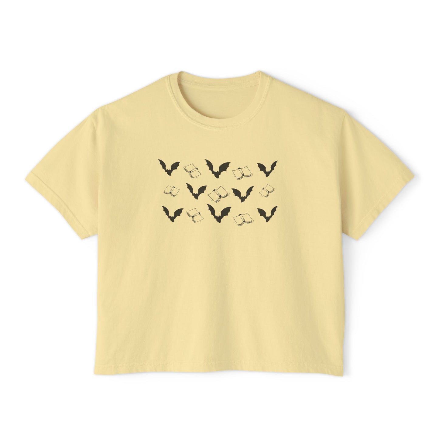 Books and Bats Spooky Season Boxy Tee, Women's Graphic Tee, Casual Summer Top, Comfortable Everyday Shirt, Nature-Inspired Women'swear