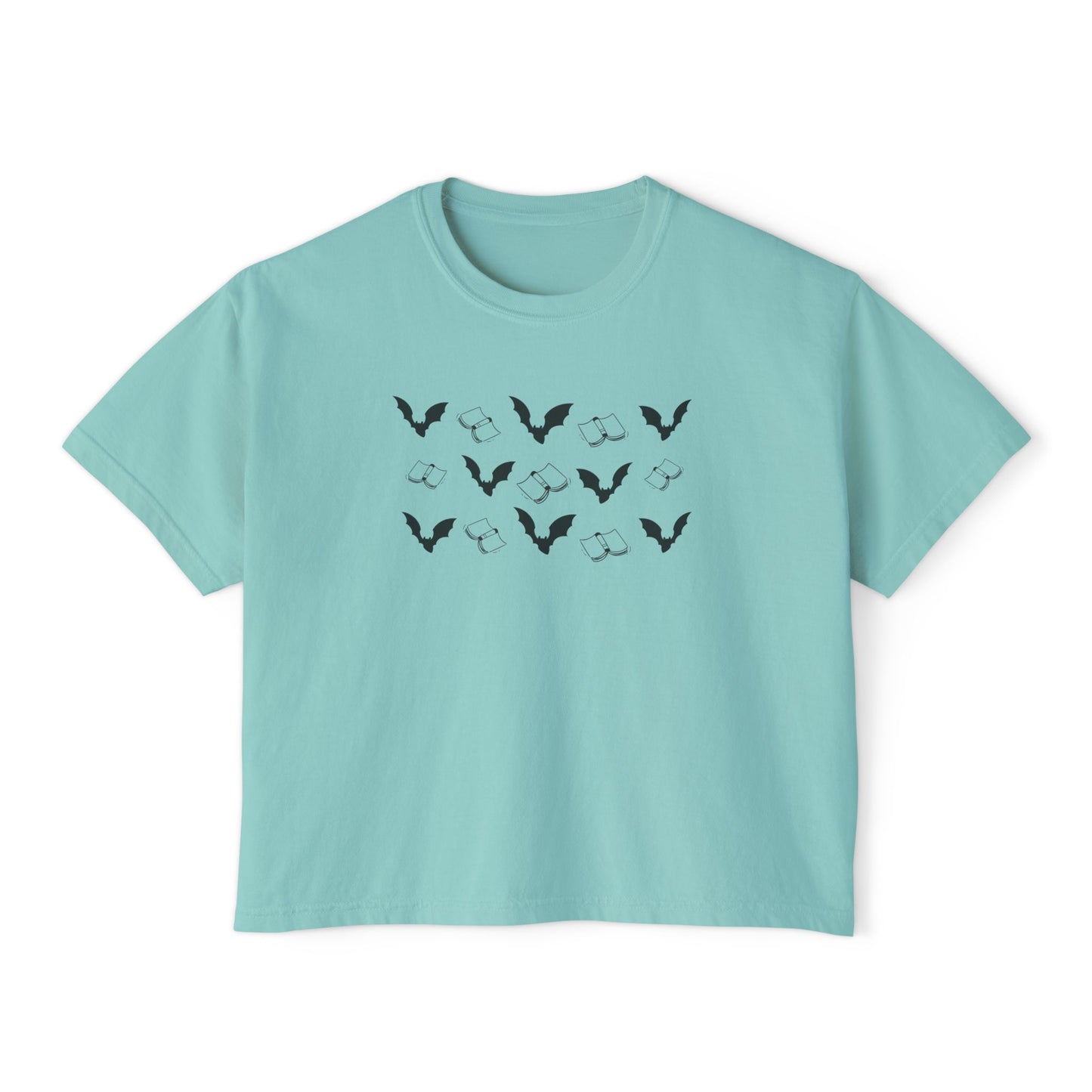 Books and Bats Spooky Season Boxy Tee, Women's Graphic Tee, Casual Summer Top, Comfortable Everyday Shirt, Nature-Inspired Women'swear