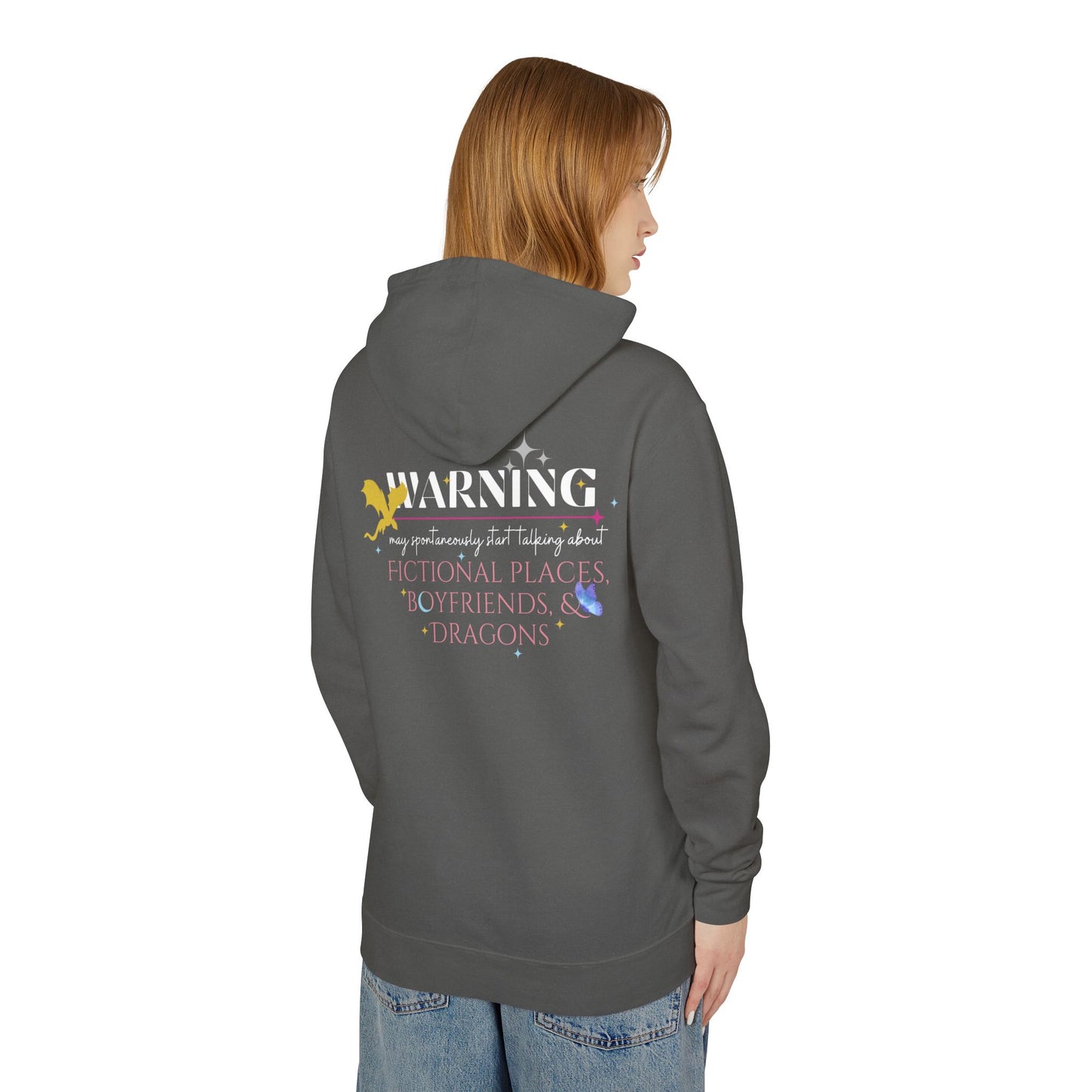 Fictional Places and Dragons Unisex Lightweight Hooded Sweatshirt, Cozy Gift for Book Lovers, Perfect for Casual Wear, Reading Nook