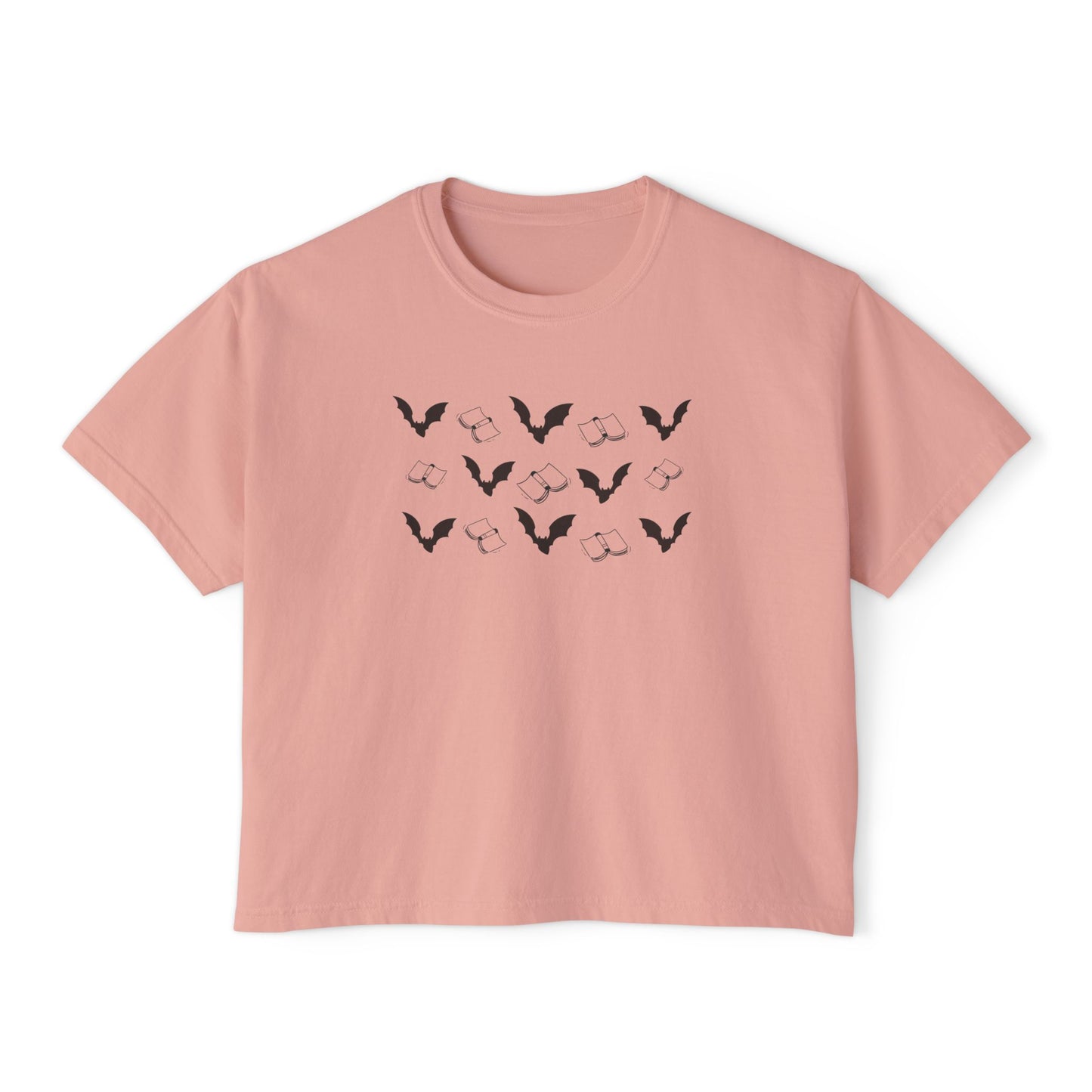 Books and Bats Spooky Season Boxy Tee, Women's Graphic Tee, Casual Summer Top, Comfortable Everyday Shirt, Nature-Inspired Women'swear