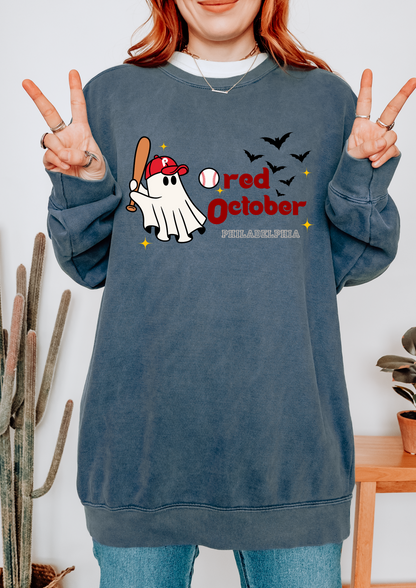 Red October Sweatshirt, Halloween Apparel, Unisex Sweatshirt, Cozy Ghost Design, Fall Fashion, October Celebration