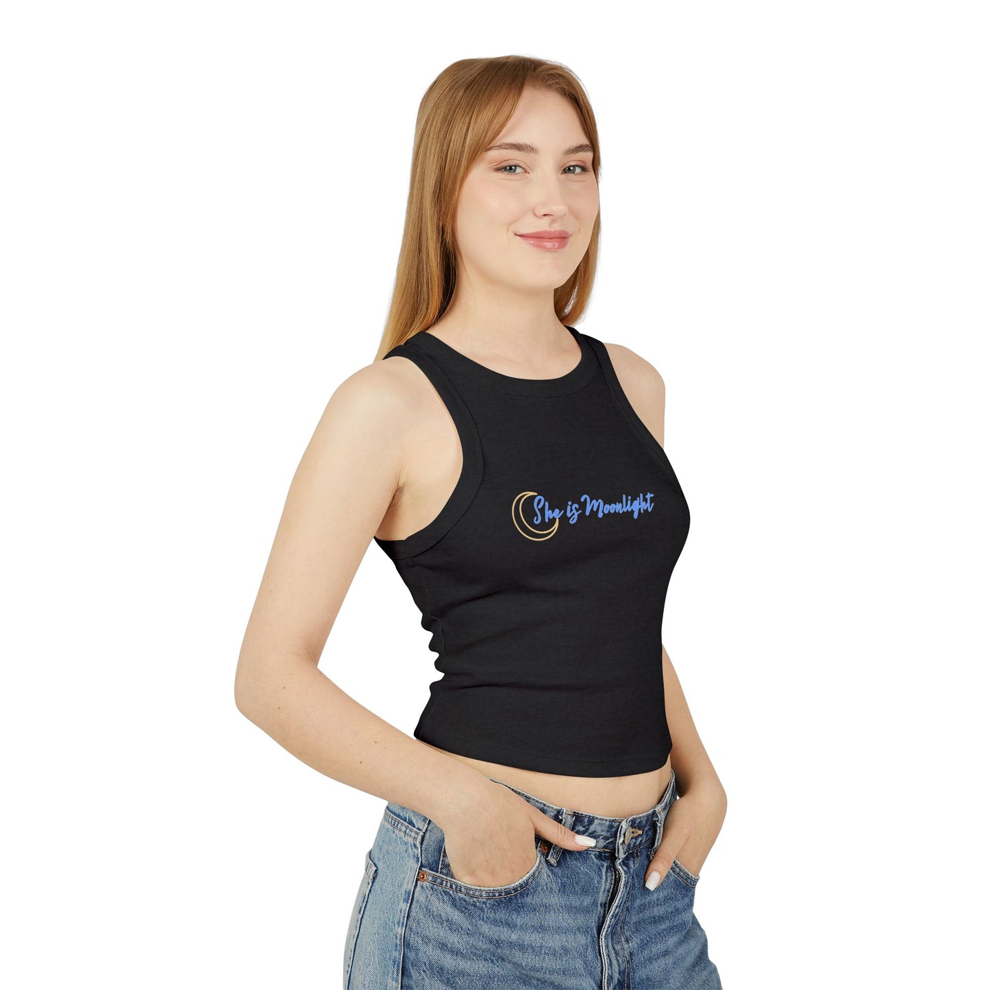 She is Moonlight Racer Tank Top, Women's Crop Top, Summer Shirt, Festival Wear, Eco-Friendly Top, Gift for Her