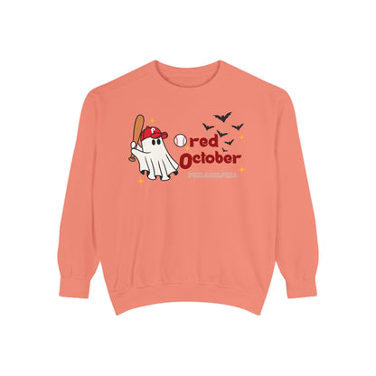 Red October Sweatshirt, Halloween Apparel, Unisex Sweatshirt, Cozy Ghost Design, Fall Fashion, October Celebration