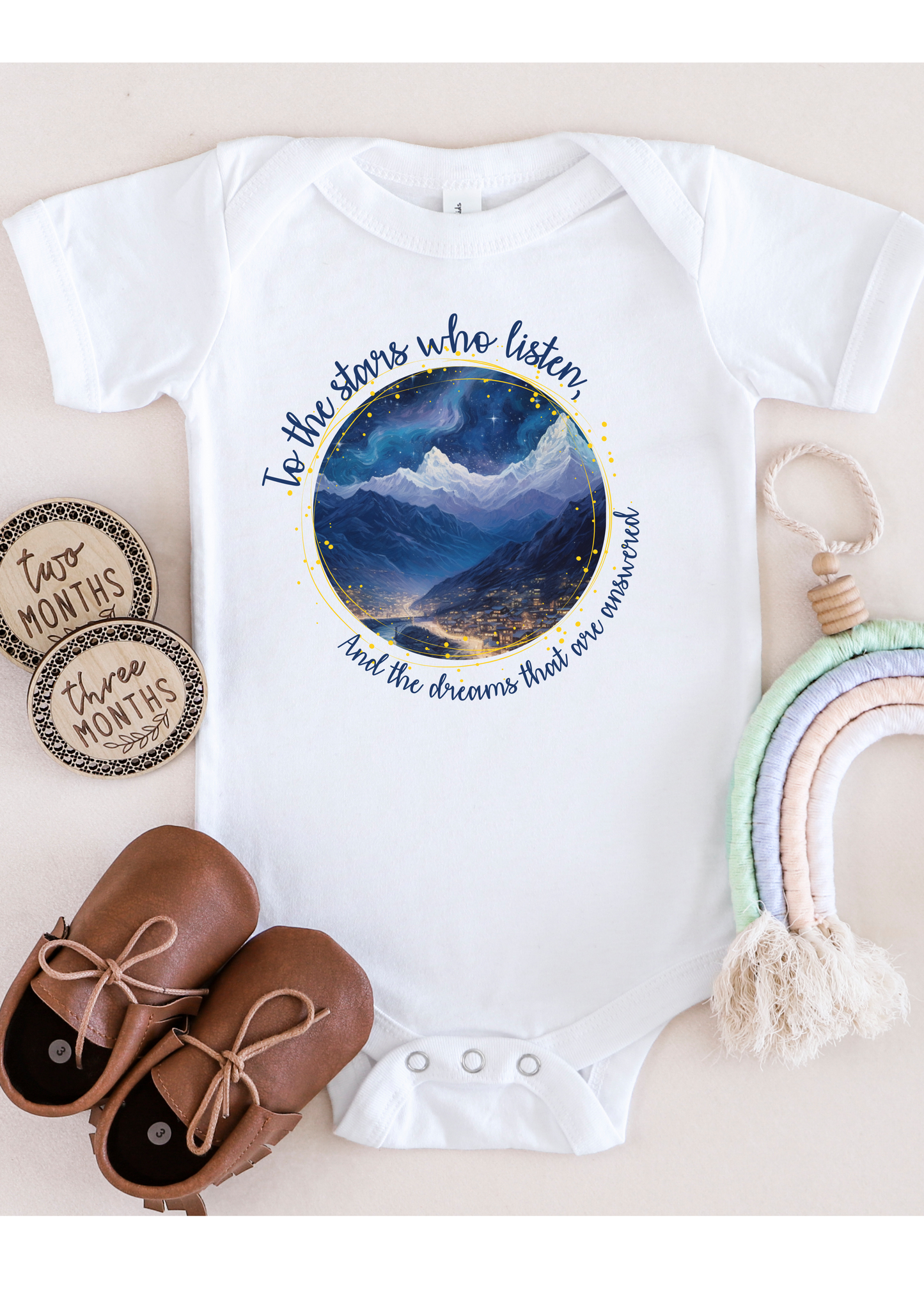 Licensed Acotar Baby Onesie/ to the stars who listen/ Feyre Archeron/ Book baby/ Rhysand/ High lord of night court
