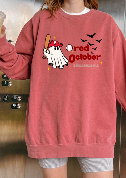Red October Sweatshirt, Halloween Apparel, Unisex Sweatshirt, Cozy Ghost Design, Fall Fashion, October Celebration