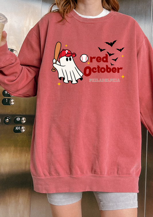 Red October Sweatshirt, Halloween Apparel, Unisex Sweatshirt, Cozy Ghost Design, Fall Fashion, October Celebration