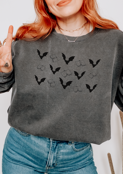 Books and Bats Spooky season sweatshirt with embroidery on sleeve / Halloween merch/ Book lover