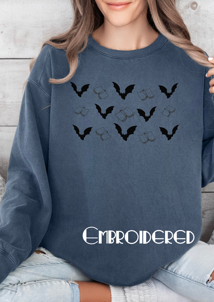 Books and Bats Spooky season sweatshirt with embroidery on sleeve / Halloween merch/ Book lover